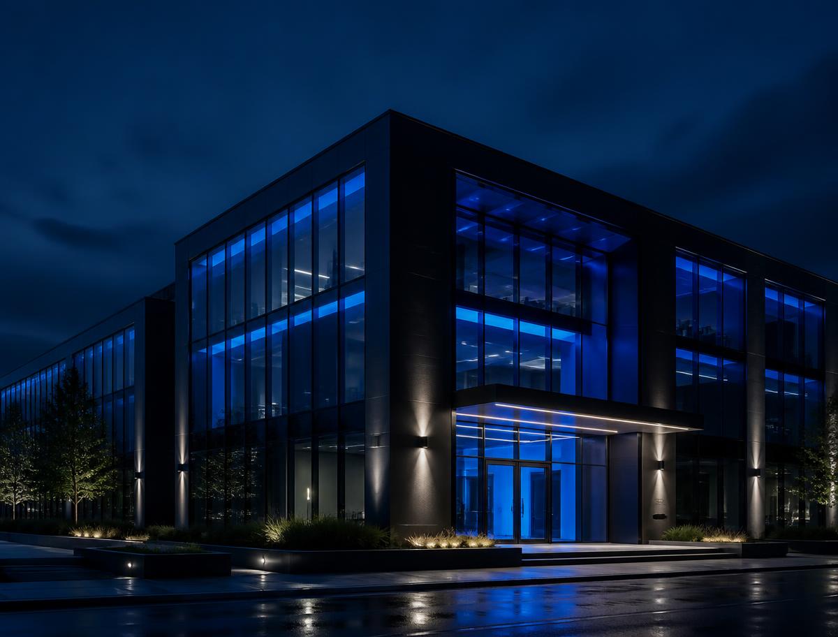 Palazzo ufficio moderno illuminato di blu nella notte, senza loghi visibili